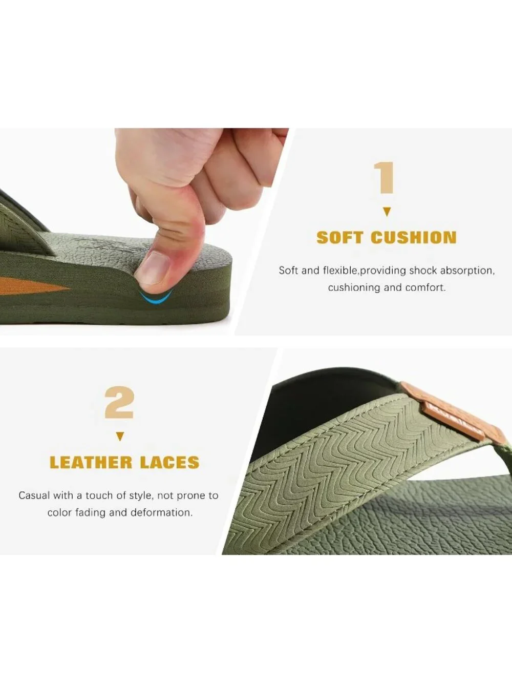 Men Army Green Yoga Mat Leather Flip Flops Slip On Indoor Outdoor Sandal Slipper